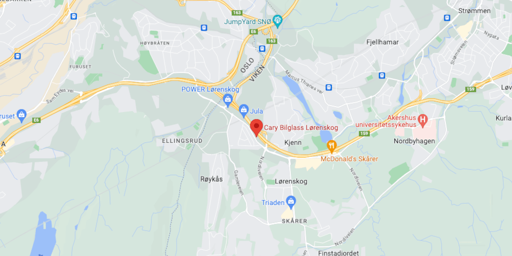 Et kart med markering hvor Lørenskog verksted holder til