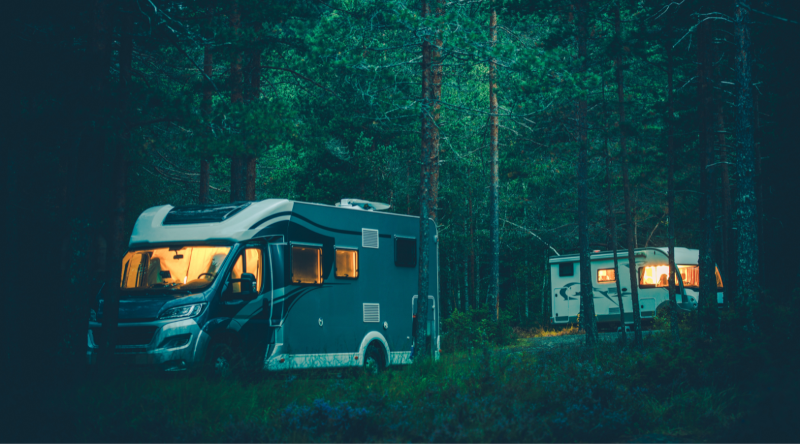 To bobiler i skogen med fulle vinduer